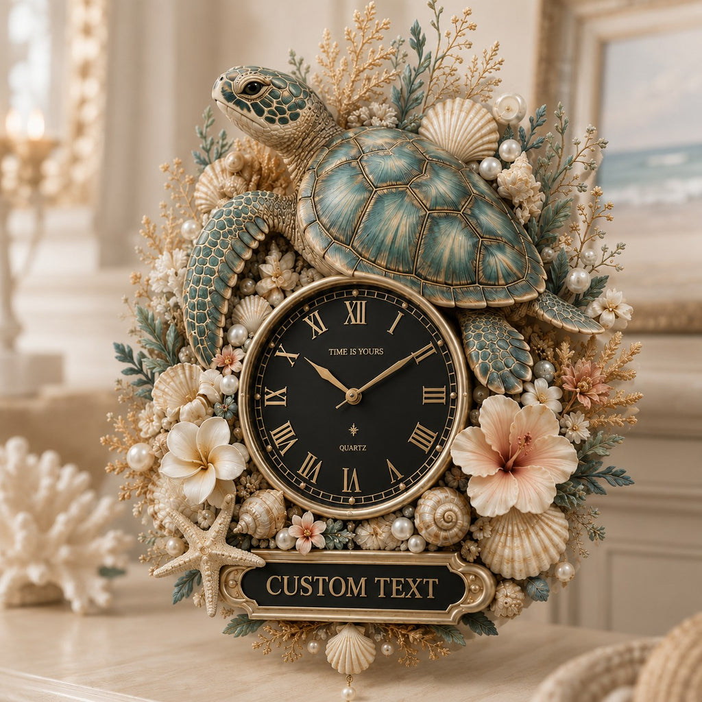 Ocean turtle decor Custom Name Wall Clock — personalized with a custom name