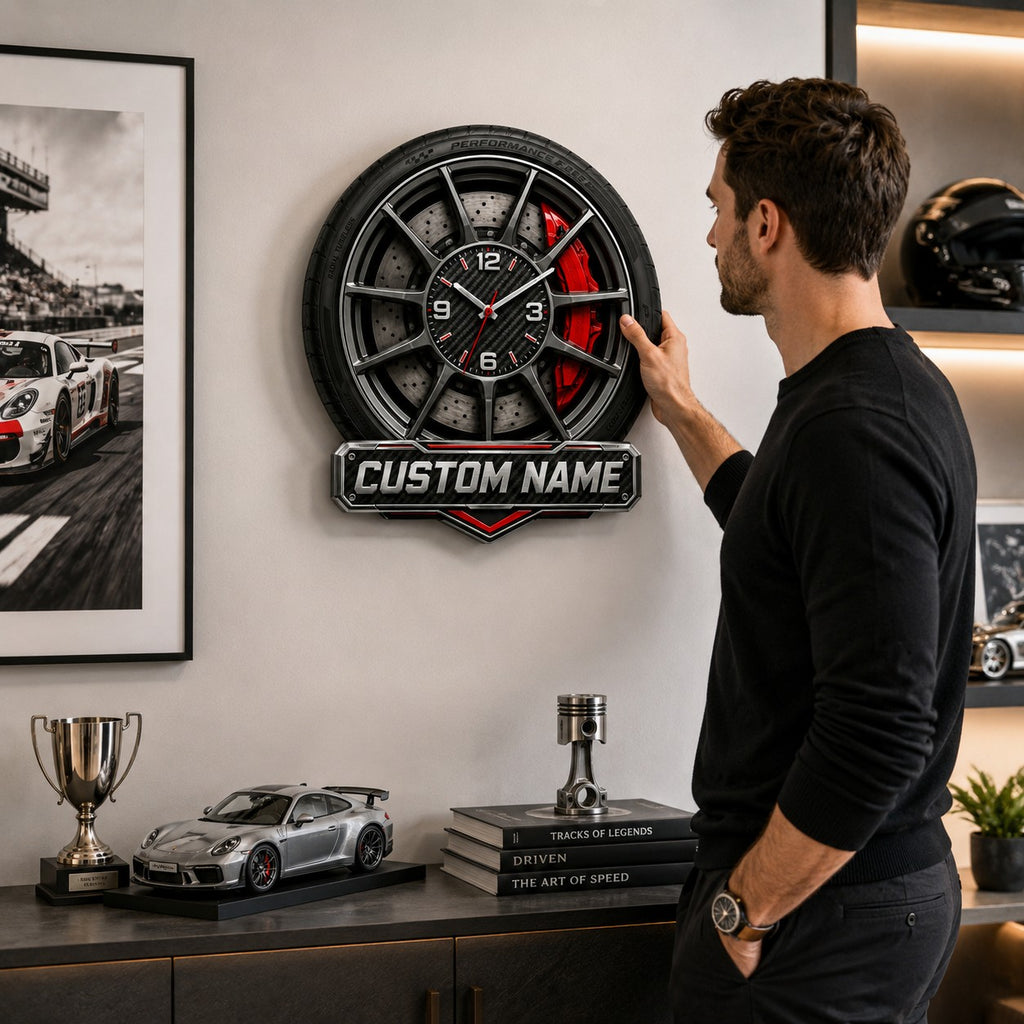 Performance wheel and brake Custom Name Wall Clock — personalized with a custom name