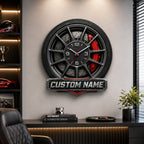 Personalized Performance Wheel and Brake Wall Clock with a custom name set into the design