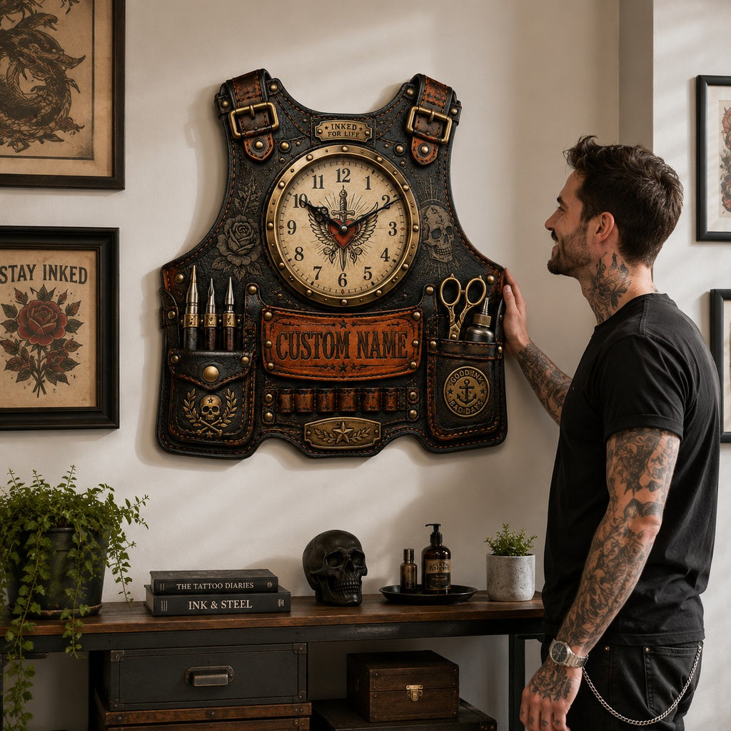 Personalized tattoo apron wall clock — personalized with a custom name