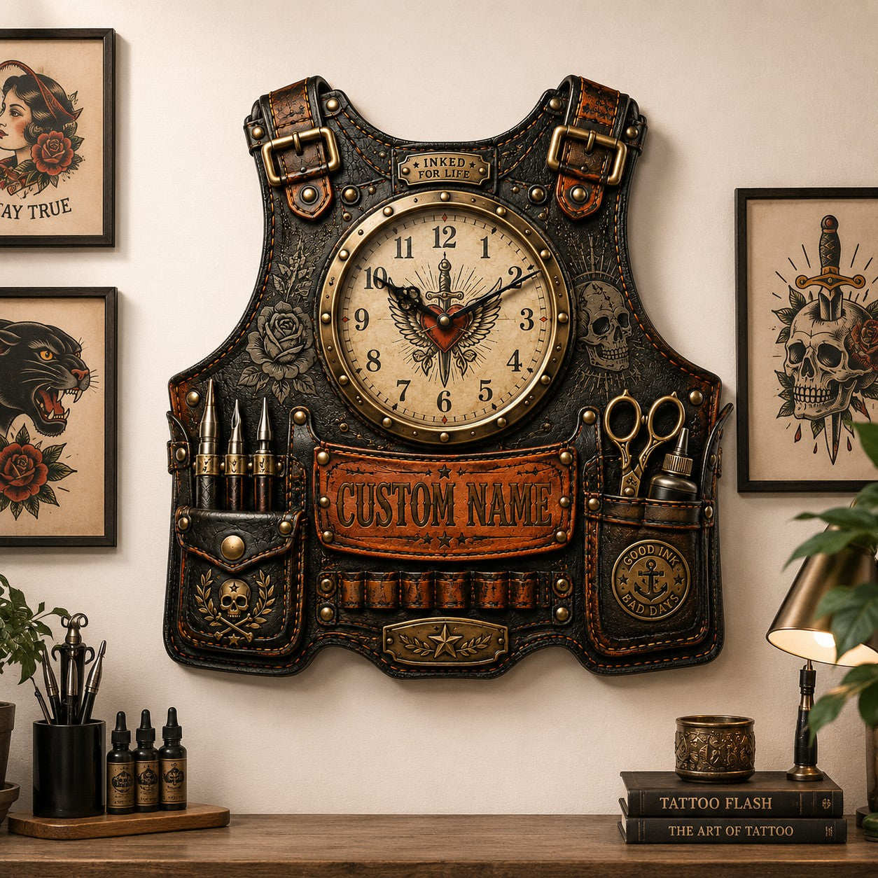 Personalized tattoo apron wall clock — personalized with a custom name