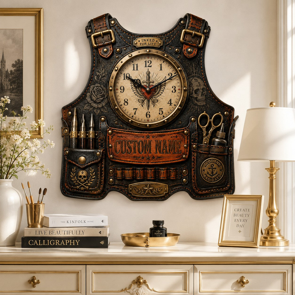 Personalized tattoo apron wall clock — personalized with a custom name