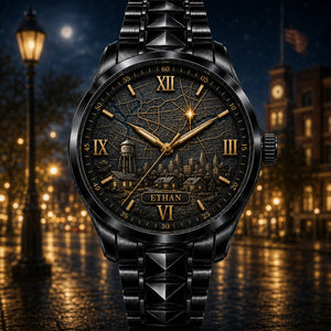 Personalized Hometown Map Watch with Custom Name - Men's & Women's, Leather or Metal Strap - Gift