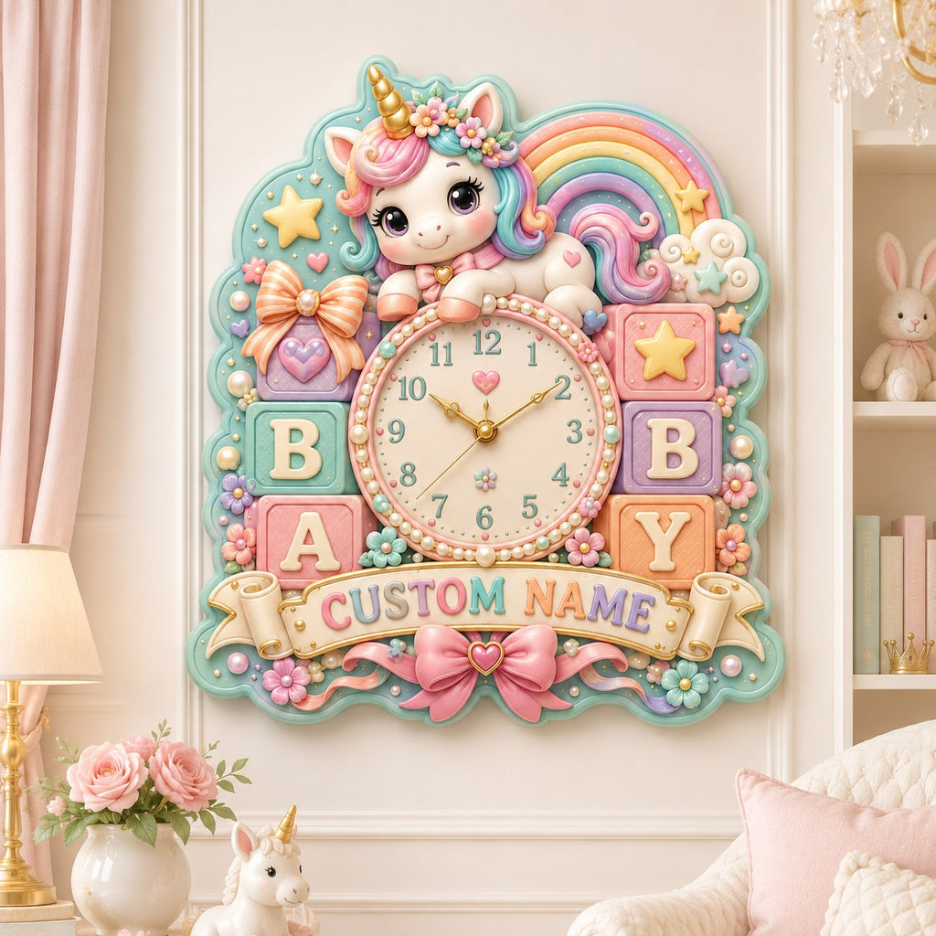 Personalized baby unicorn wall clock — personalized with a custom name