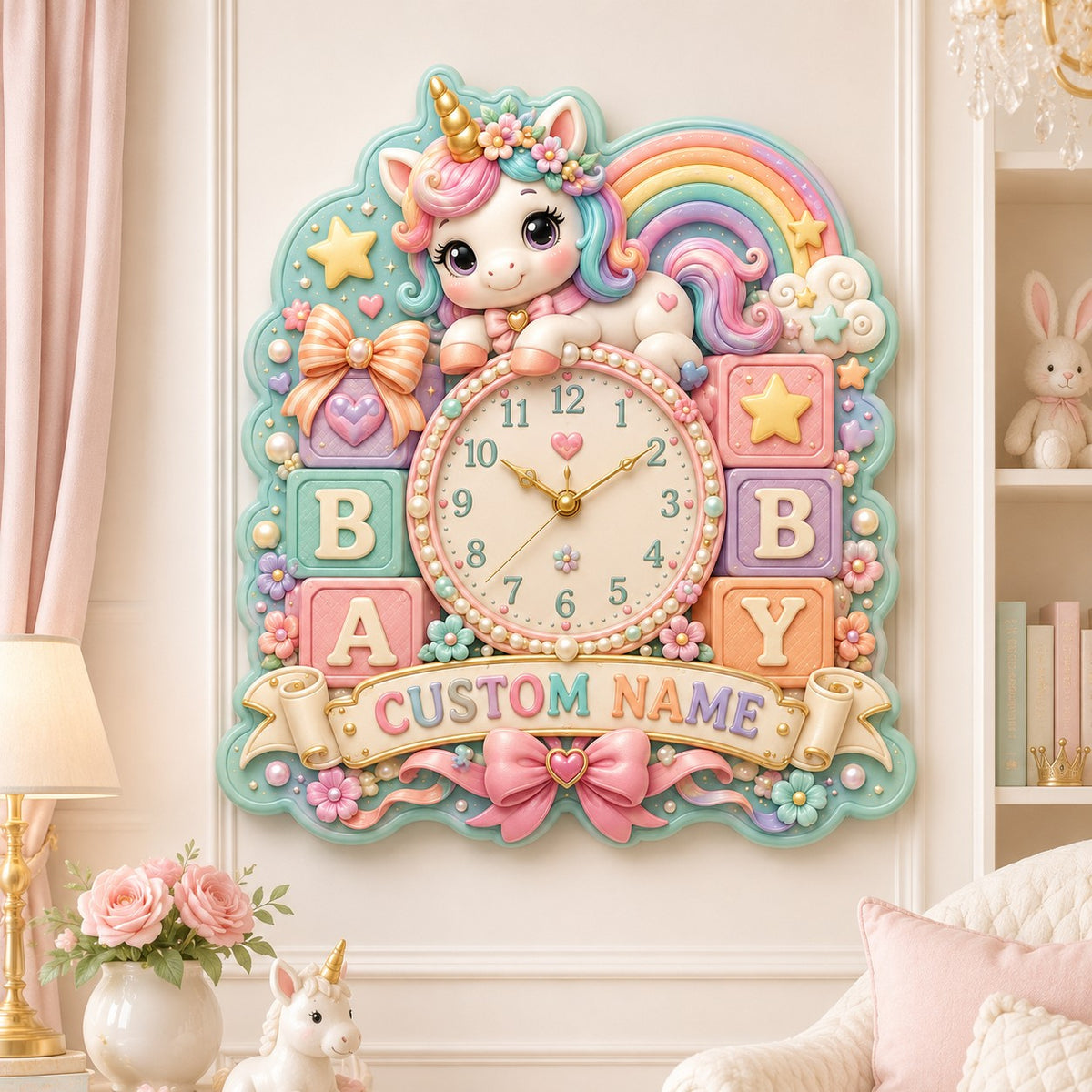 Personalized baby unicorn wall clock — personalized with a custom name