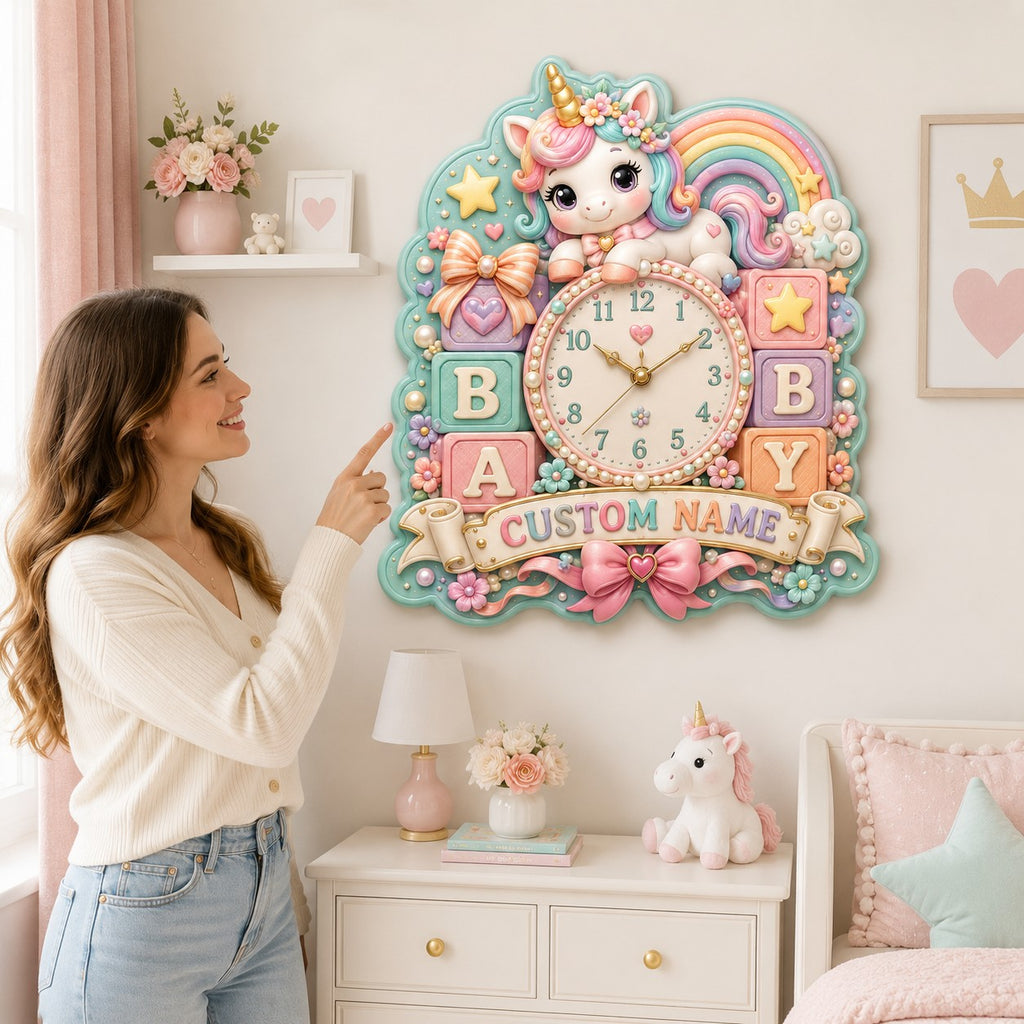 Personalized baby unicorn wall clock — personalized with a custom name