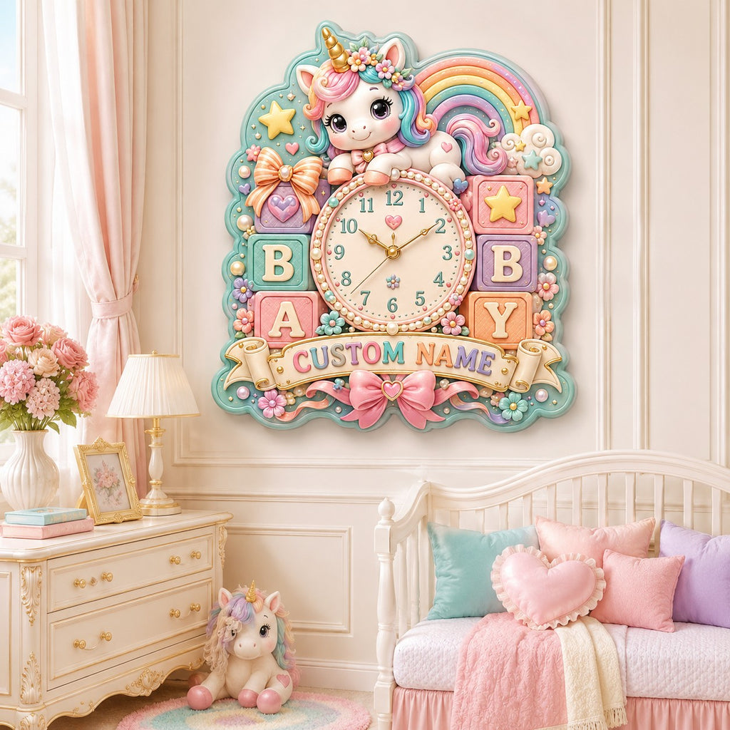 Personalized baby unicorn wall clock — personalized with a custom name