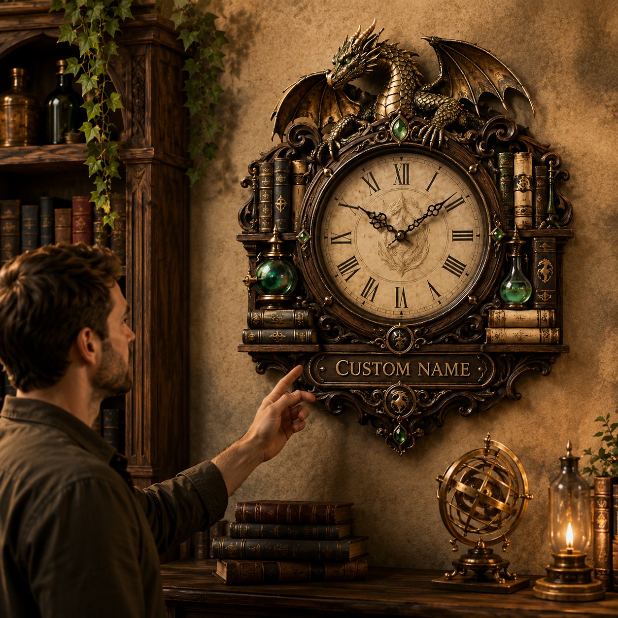 Wizard Library Dragon Custom Name Wall Clock — personalized with a custom name