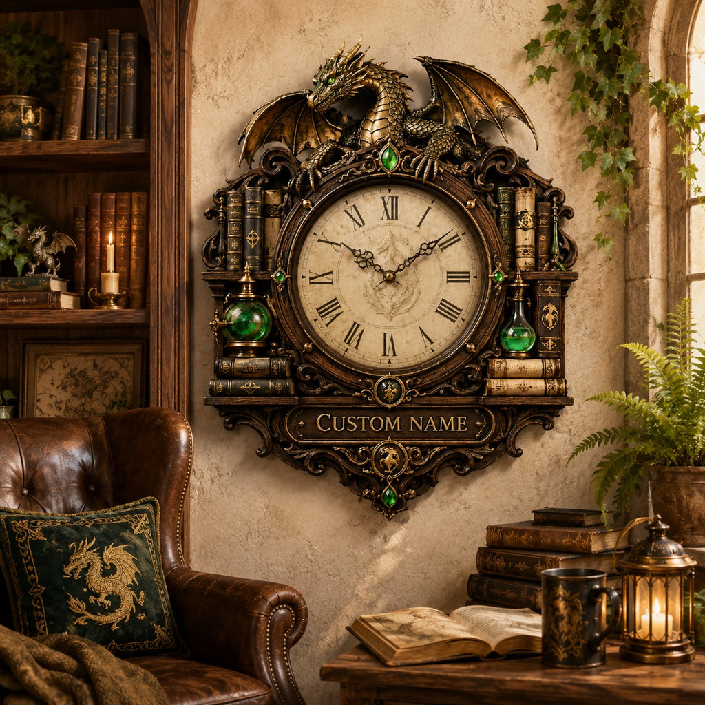 Wizard Library Dragon Custom Name Wall Clock — personalized with a custom name