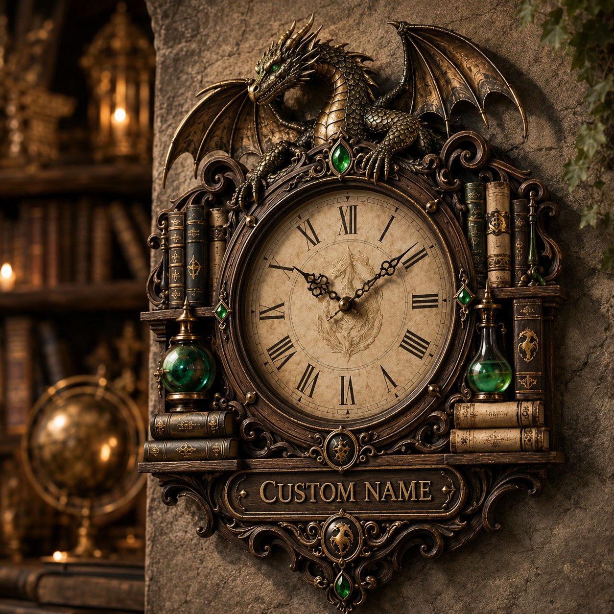 Wizard Library Dragon Custom Name Wall Clock — personalized with a custom name