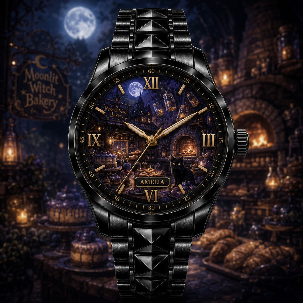 Custom Personalized Moonlit Witch Bakery Watch — personalized with a custom name