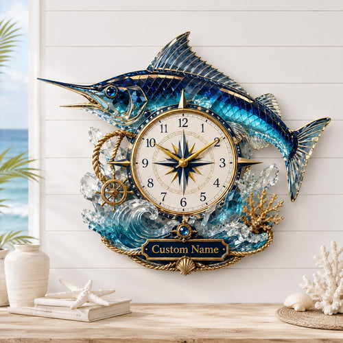 Blue marlin Custom Name Wall Clock — personalized with a custom name