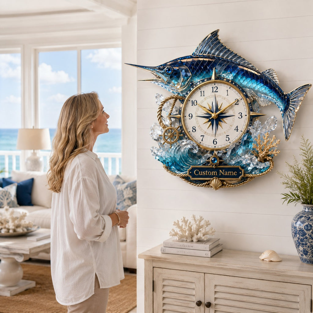 Blue marlin Custom Name Wall Clock — personalized with a custom name