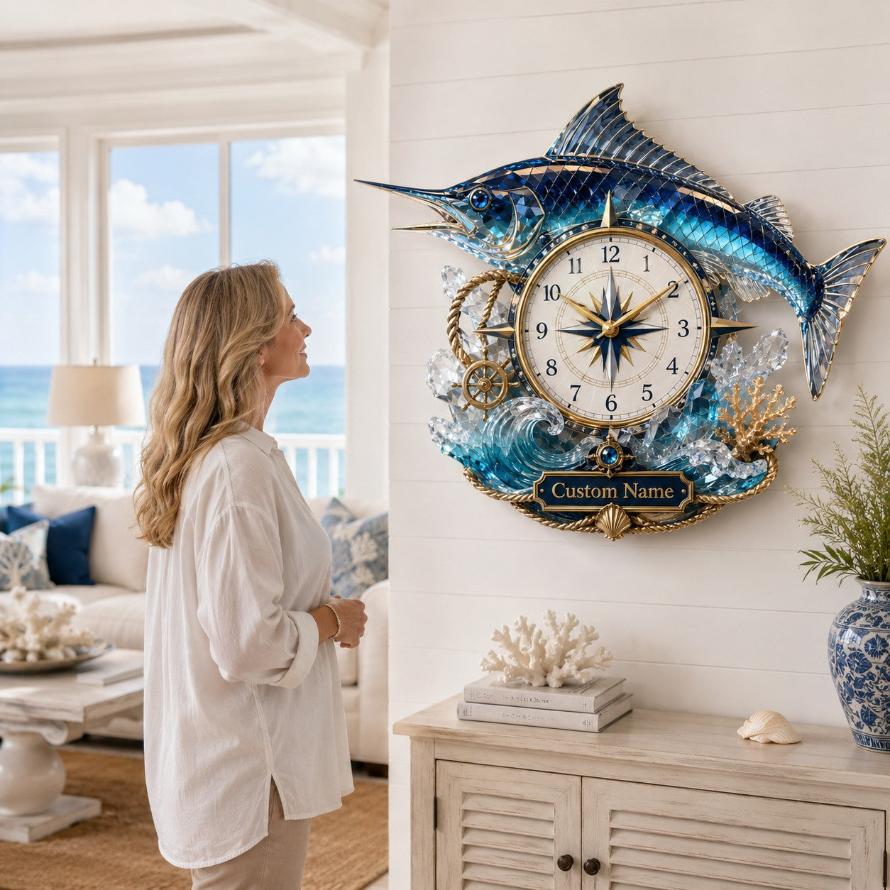 Blue marlin Custom Name Wall Clock — personalized with a custom name