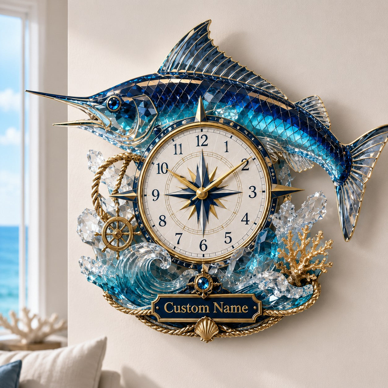 Blue marlin Custom Name Wall Clock — personalized with a custom name