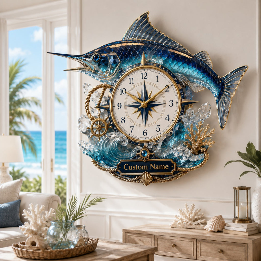 Blue marlin Custom Name Wall Clock — personalized with a custom name