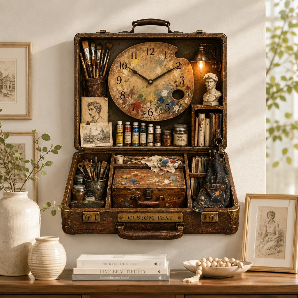 Artist suitcase Custom Name Wall Clock — personalized with a custom name
