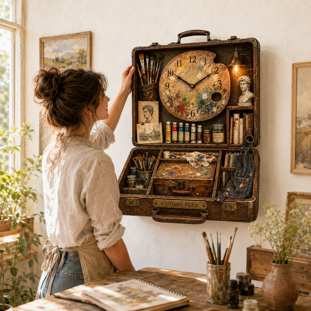 Artist suitcase Custom Name Wall Clock — personalized with a custom name