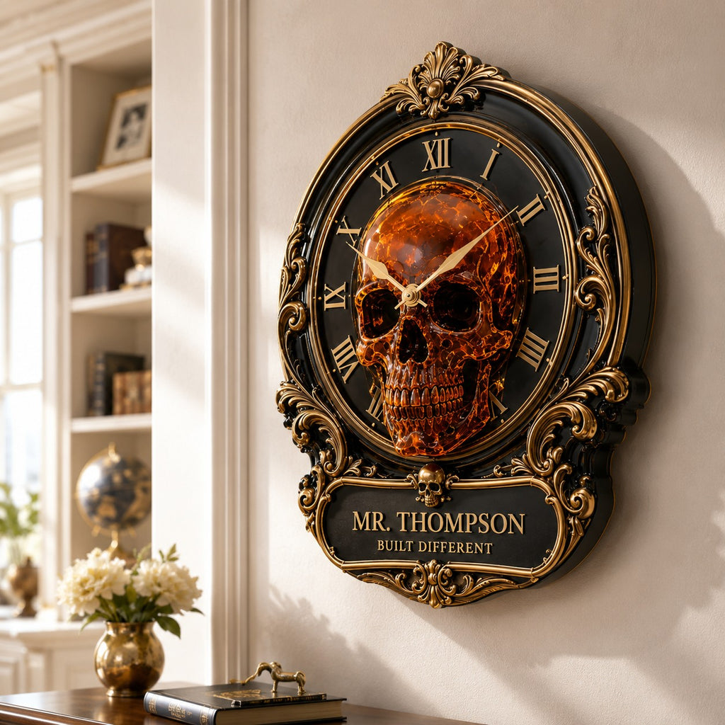 Personalized Luxury Skull Custom Name Wall Clock — personalized with a custom name