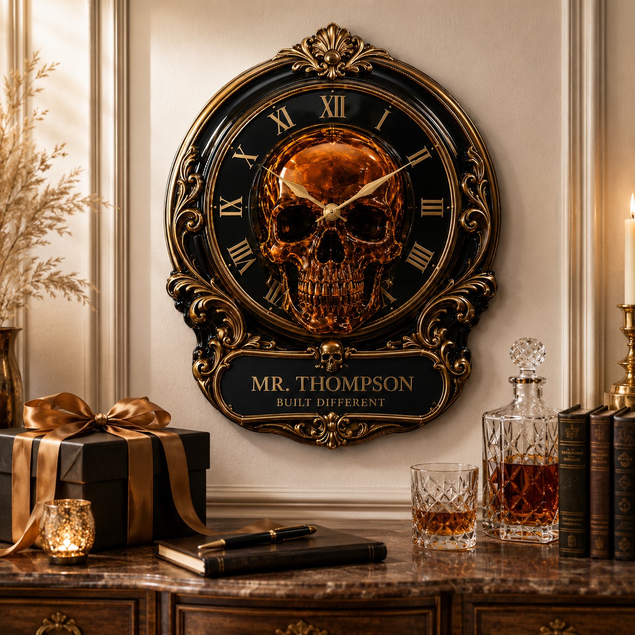 Personalized Luxury Skull Custom Name Wall Clock — personalized with a custom name