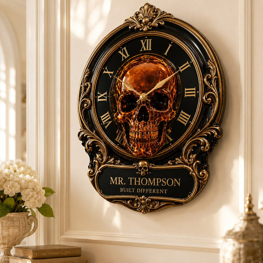 Personalized Luxury Skull Custom Name Wall Clock — personalized with a custom name