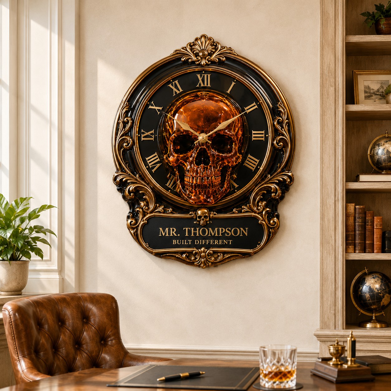 Personalized Luxury Skull Custom Name Wall Clock — personalized with a custom name