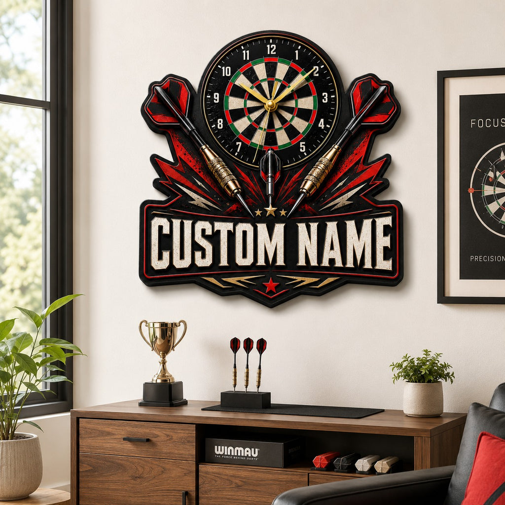 Darts Game Custom Name Wall Clock — personalized with a custom name