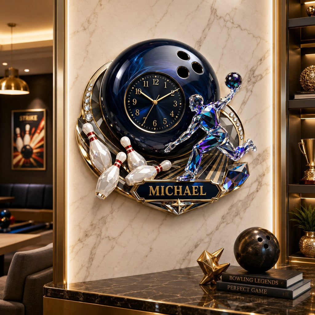 Bowling ball Custom Name Wall Clock — personalized with a custom name