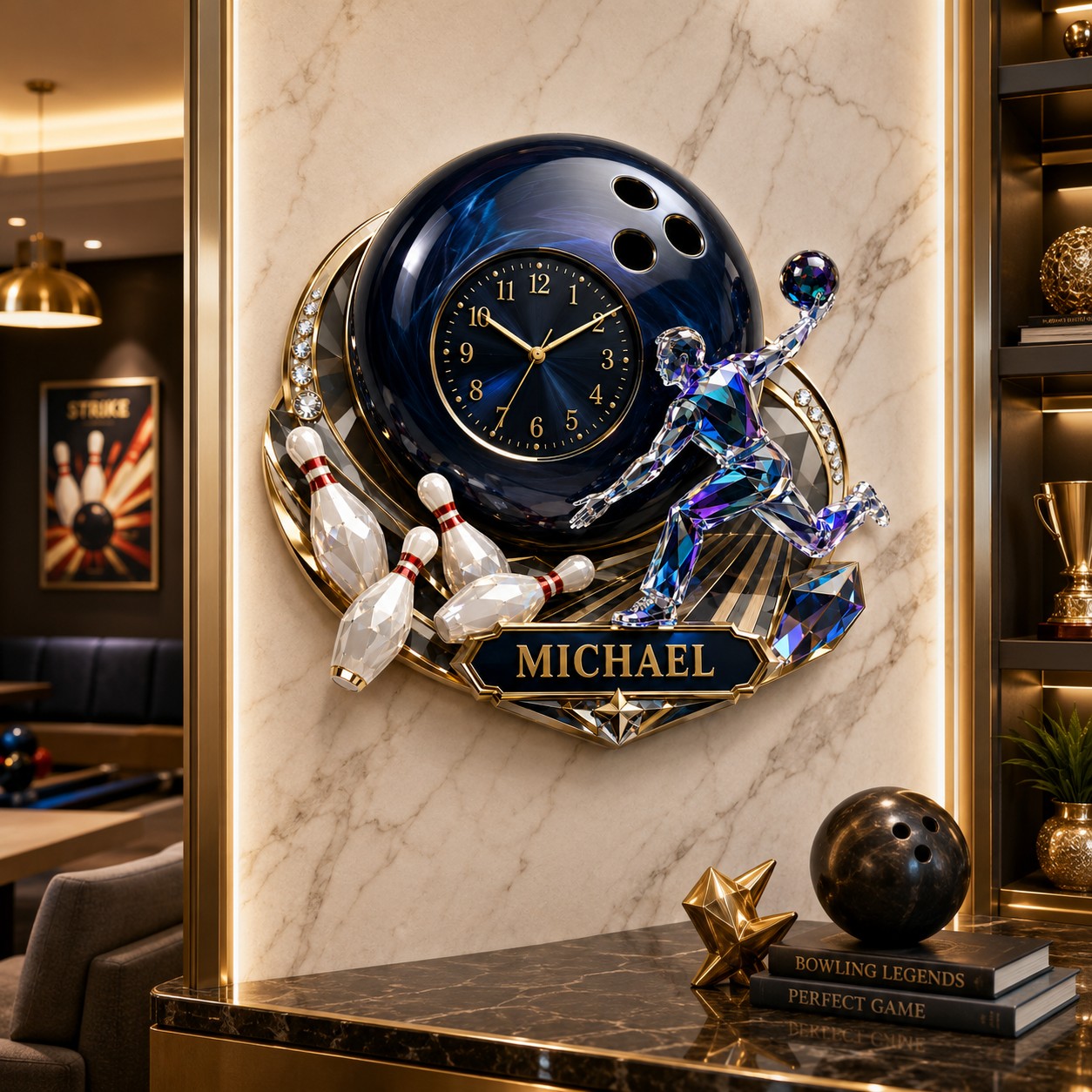 Bowling ball Custom Name Wall Clock — personalized with a custom name