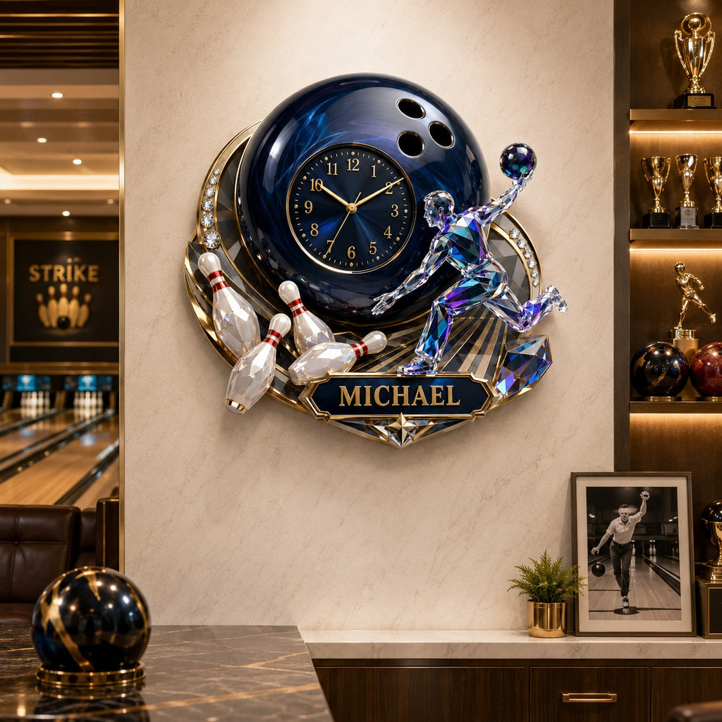 Bowling ball Custom Name Wall Clock — personalized with a custom name
