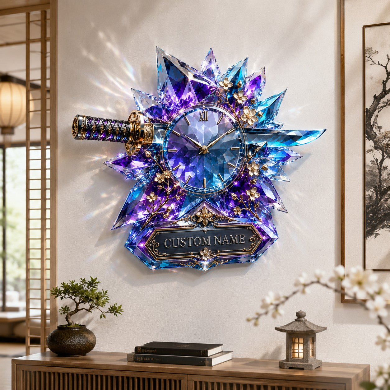 Blue crystal katana Custom Name Wall Clock — personalized with a custom name