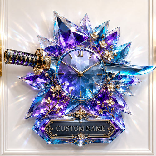 Blue crystal katana Custom Name Wall Clock — personalized with a custom name