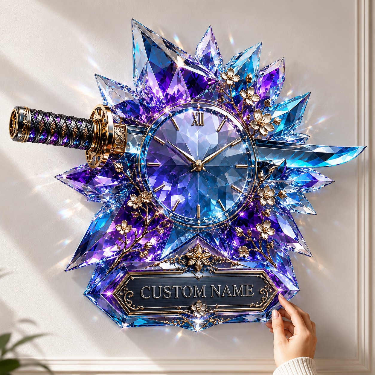 Blue crystal katana Custom Name Wall Clock — personalized with a custom name