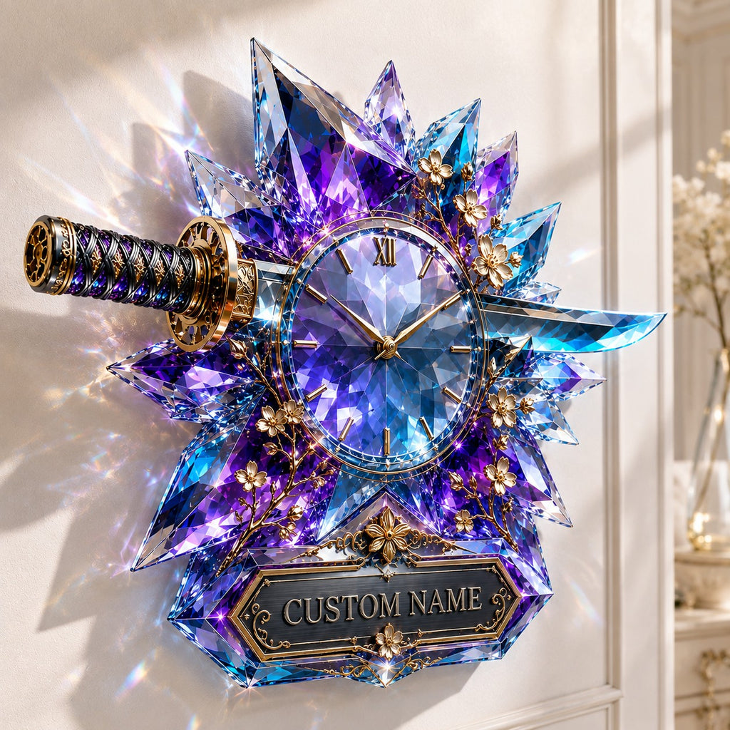 Blue crystal katana Custom Name Wall Clock — personalized with a custom name