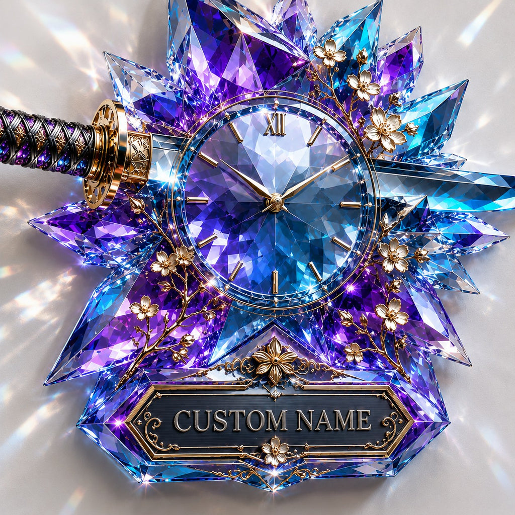 Blue crystal katana Custom Name Wall Clock — personalized with a custom name