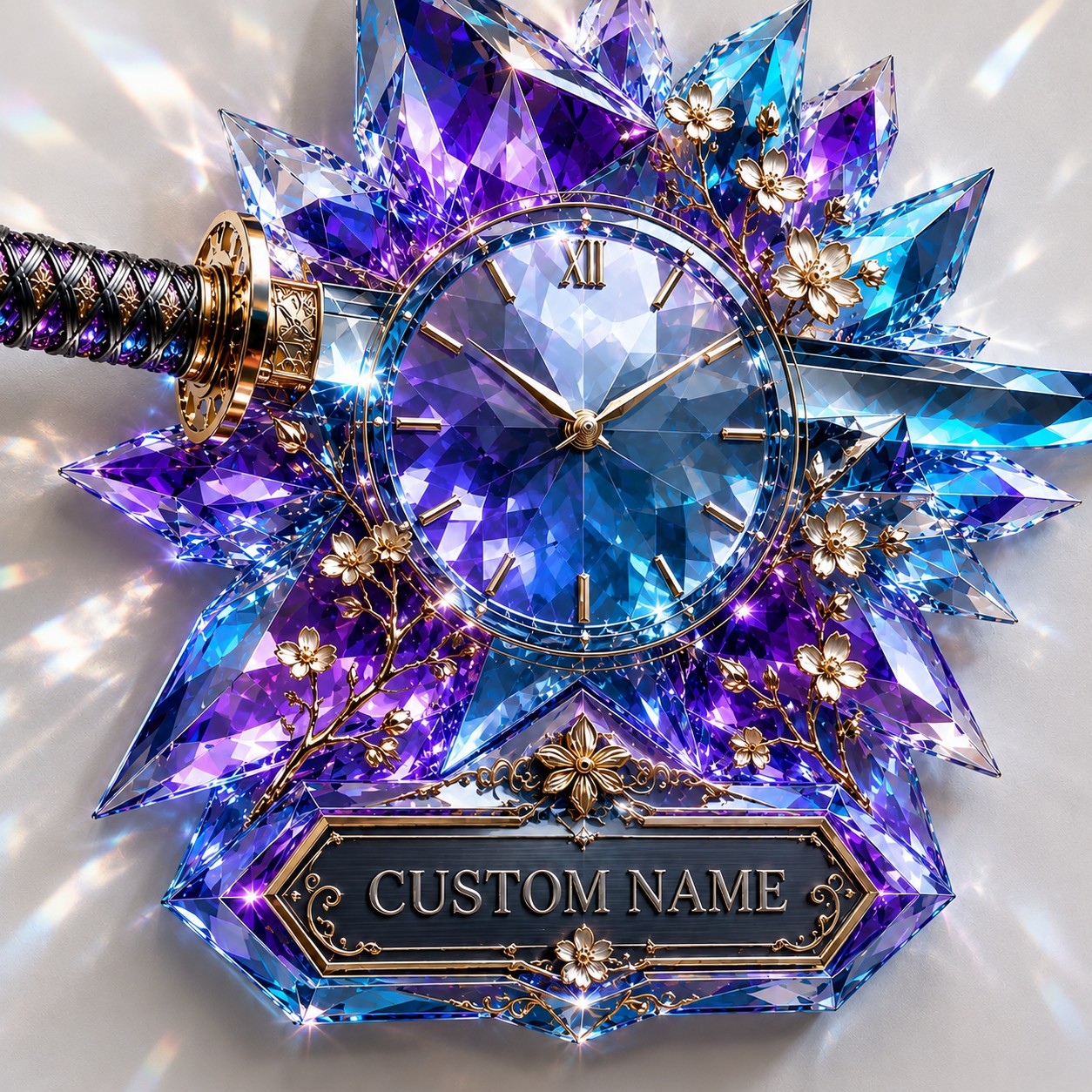 Blue crystal katana Custom Name Wall Clock — personalized with a custom name