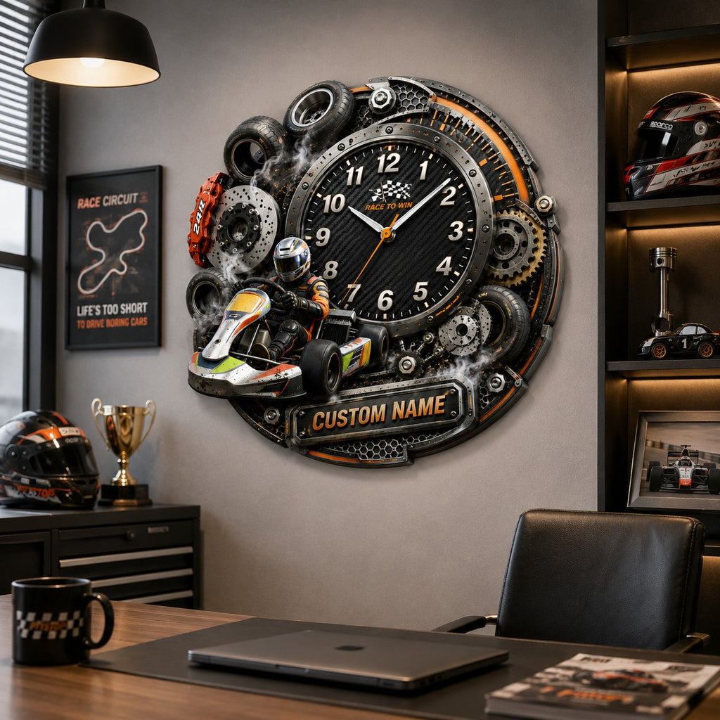 Karting competitors Custom Name Wall Clock — personalized with a custom name