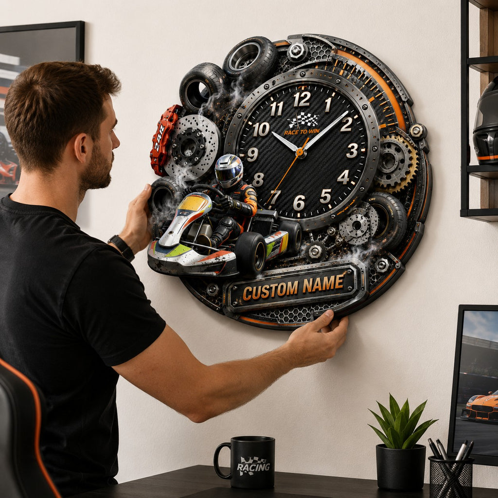 Karting competitors Custom Name Wall Clock — personalized with a custom name
