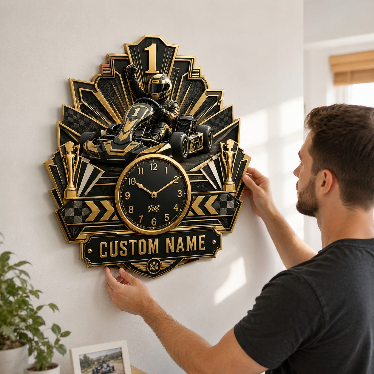 Youth kart racers Custom Name Wall Clock — personalized with a custom name