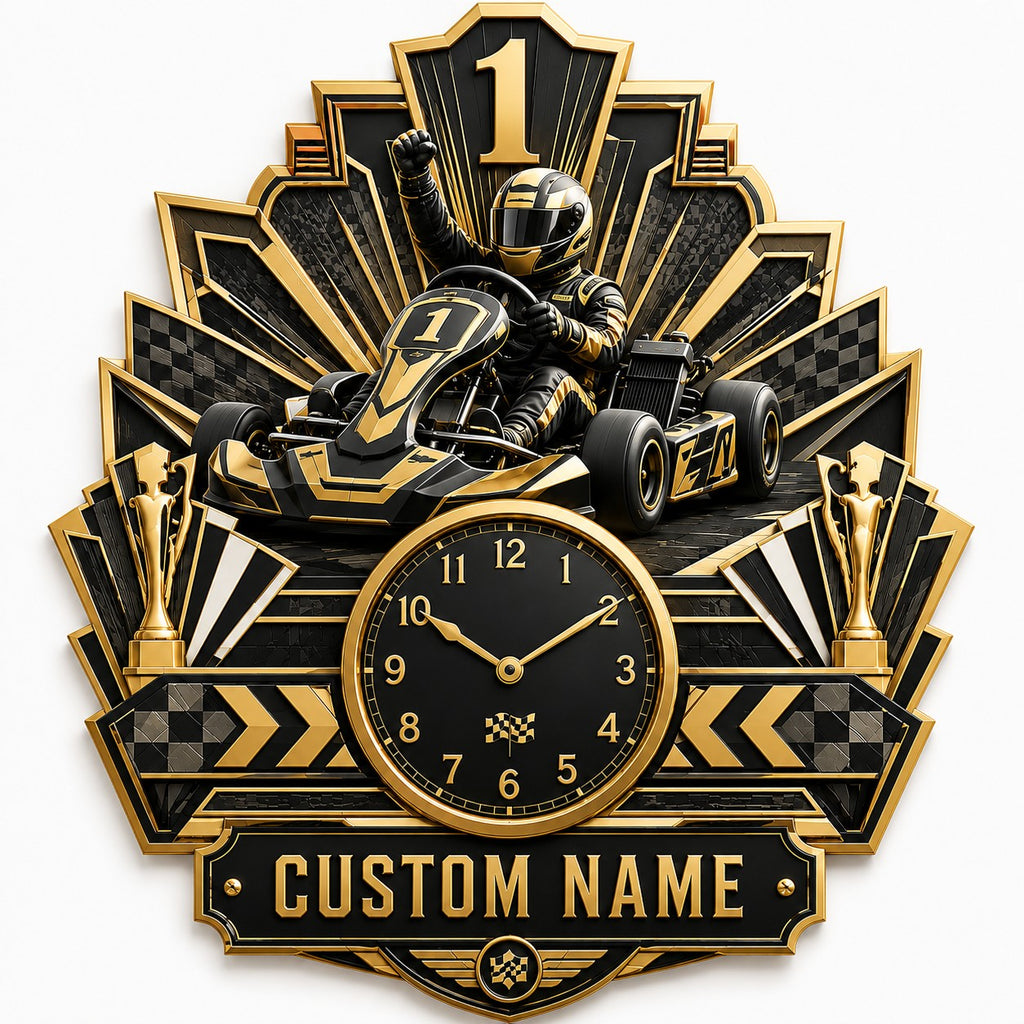 Youth kart racers Custom Name Wall Clock — personalized with a custom name