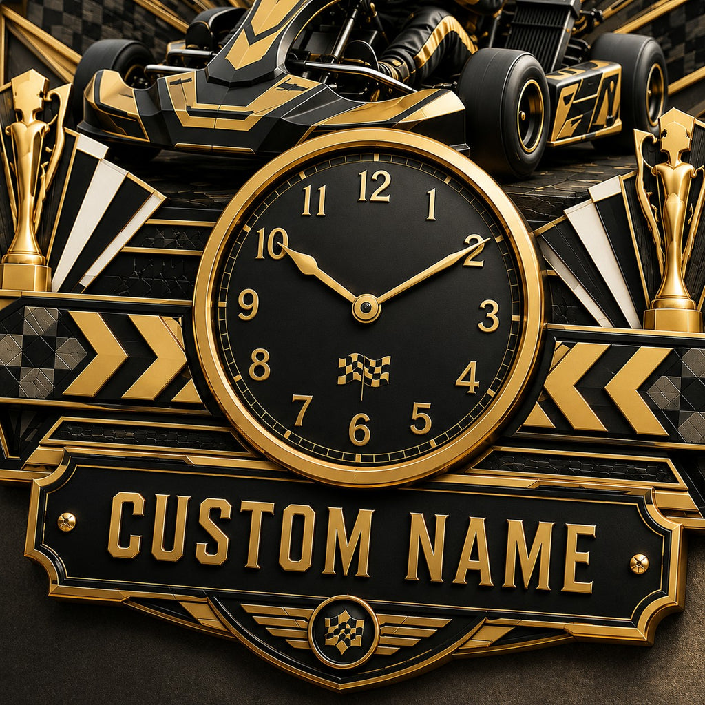 Youth kart racers Custom Name Wall Clock — personalized with a custom name