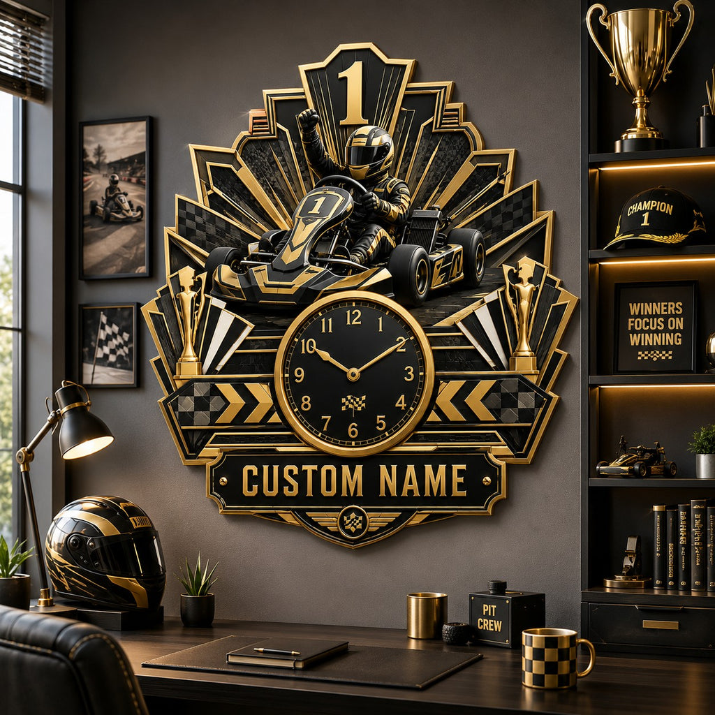 Youth kart racers Custom Name Wall Clock — personalized with a custom name