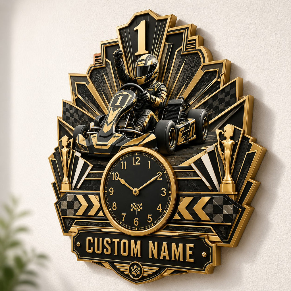 Youth kart racers Custom Name Wall Clock — personalized with a custom name