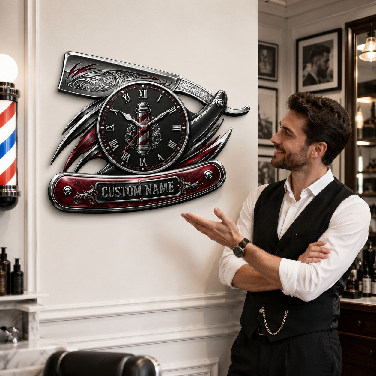 Personalized straight razor wall clock — personalized with a custom name