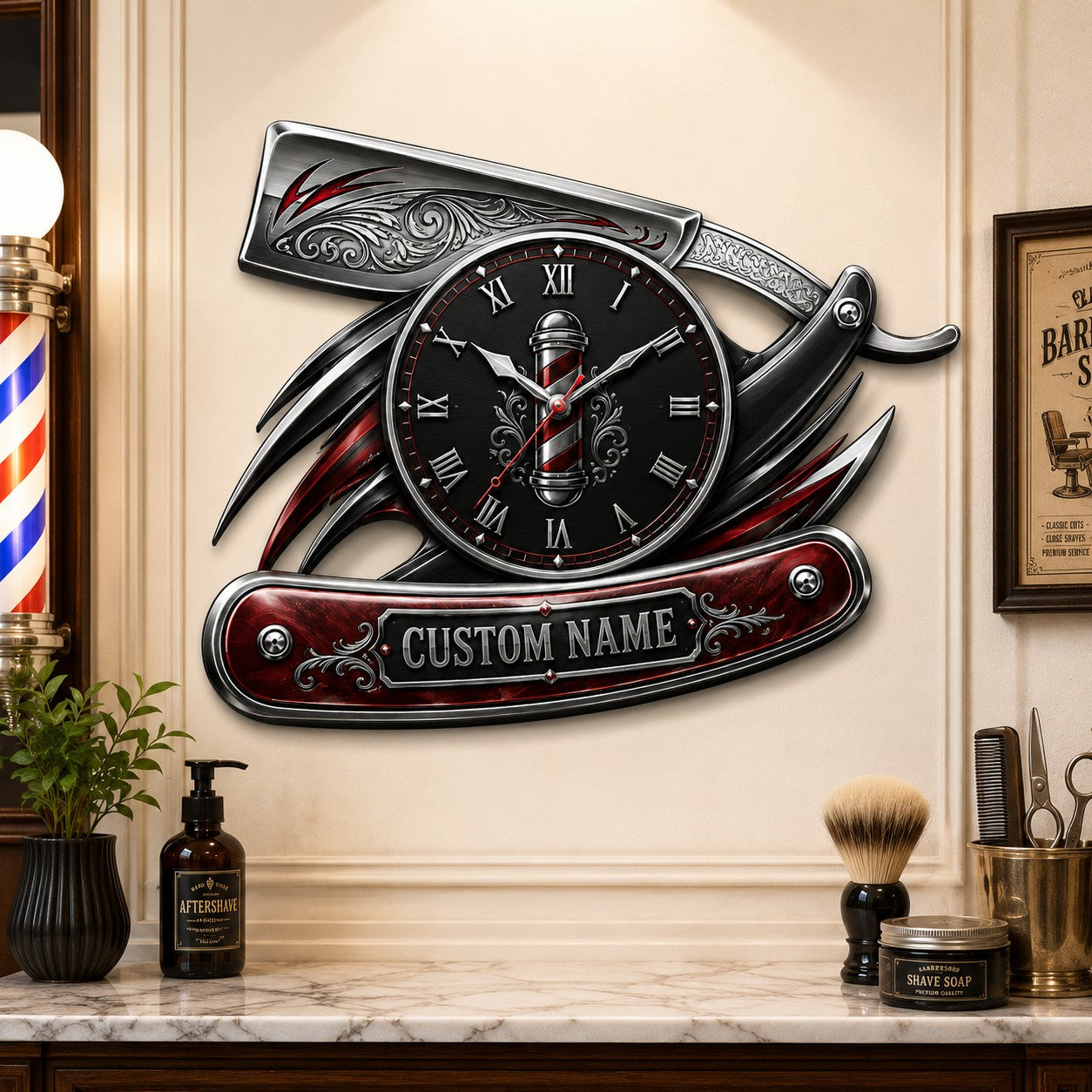 Personalized straight razor wall clock — personalized with a custom name