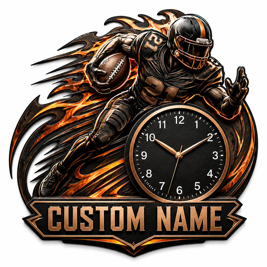 Football flame Custom Name Wall Clock — personalized with a custom name