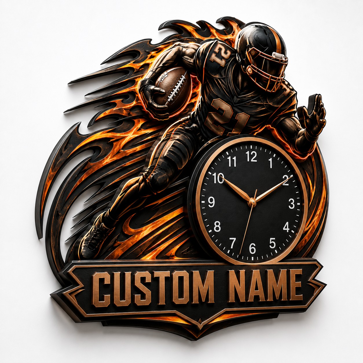 Football flame Custom Name Wall Clock — personalized with a custom name