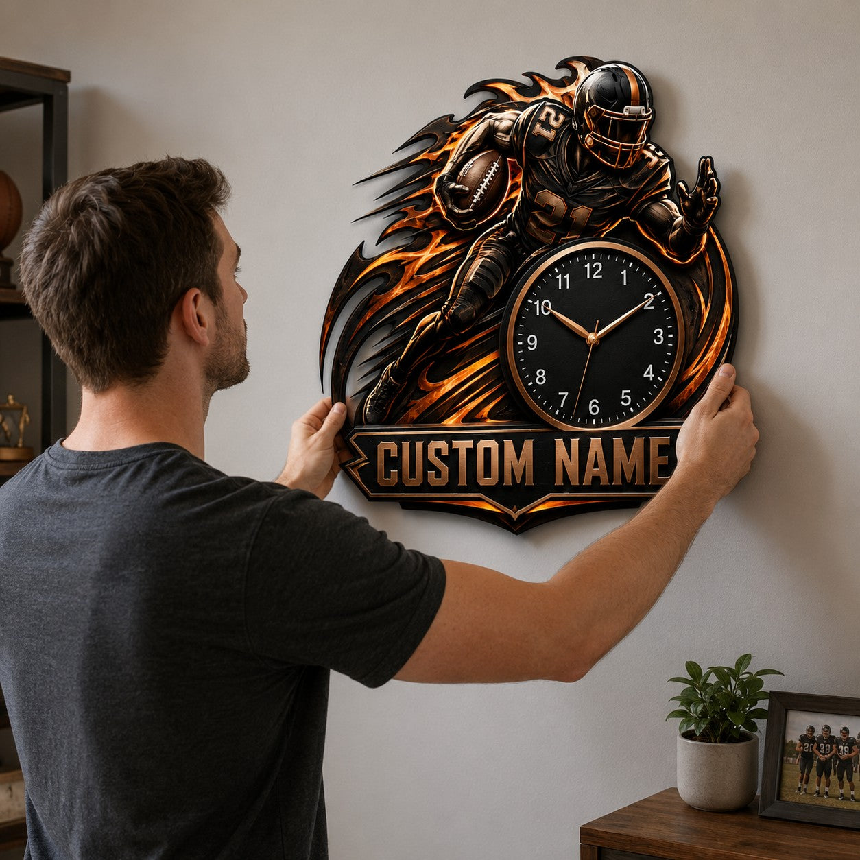 Football flame Custom Name Wall Clock — personalized with a custom name