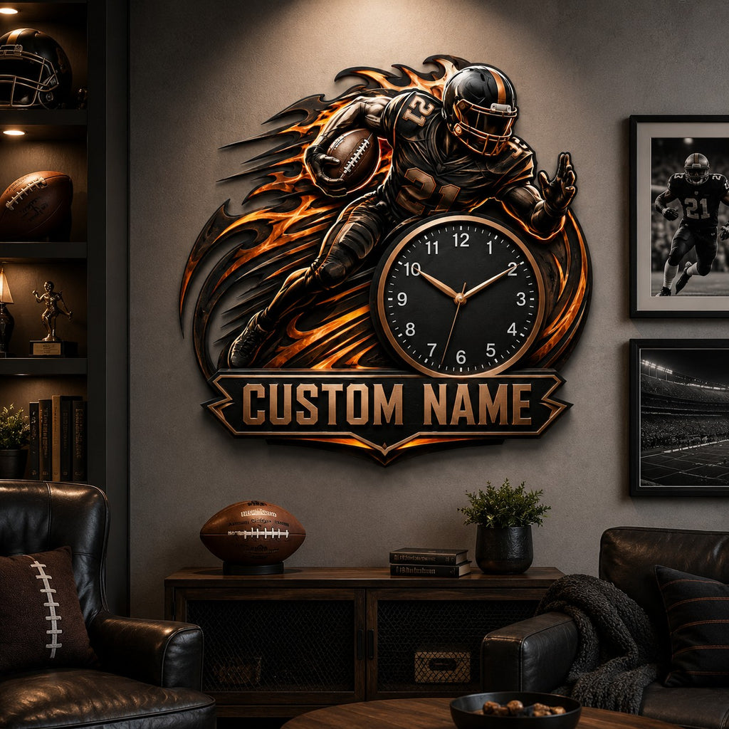 Football flame Custom Name Wall Clock — personalized with a custom name