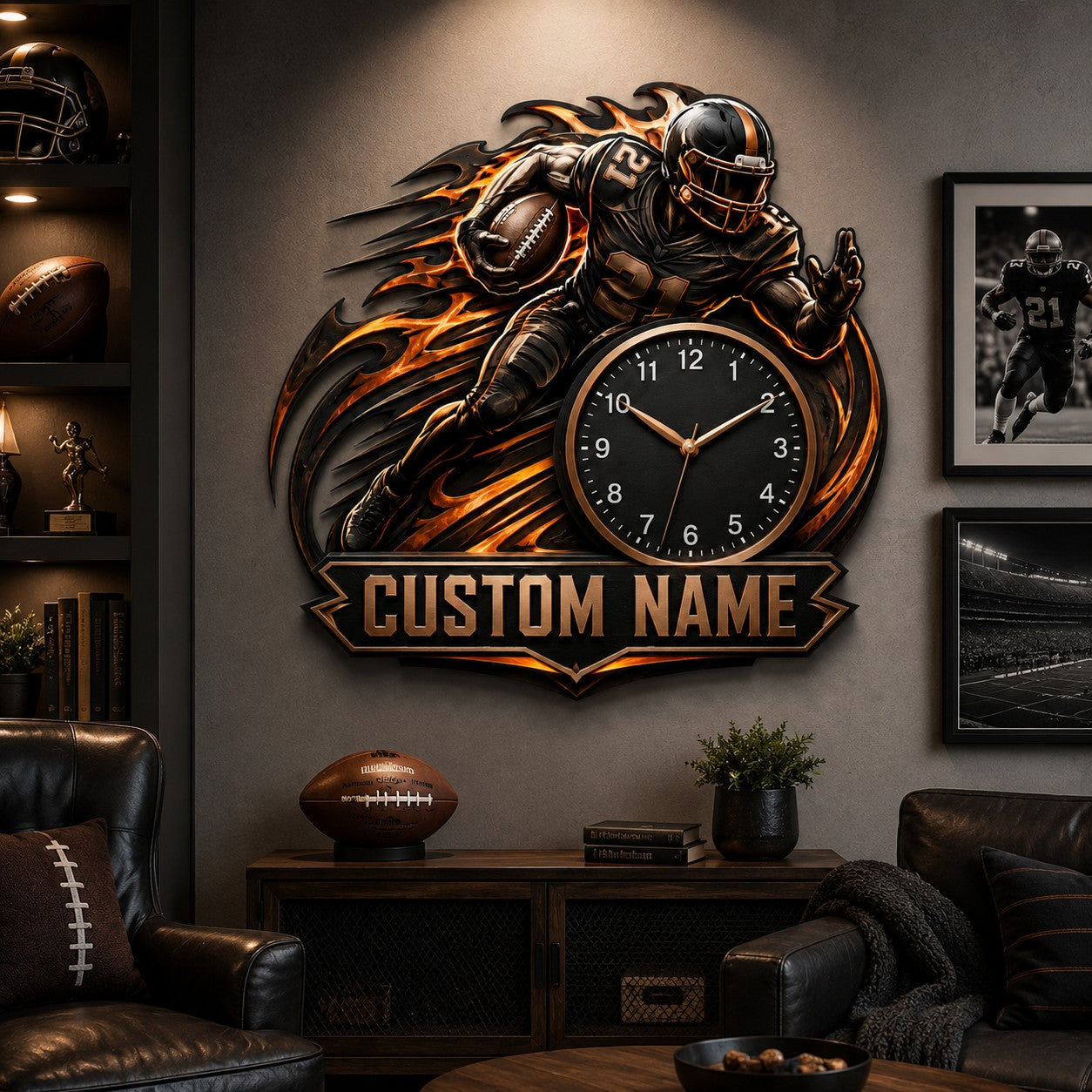 Football flame Custom Name Wall Clock — personalized with a custom name